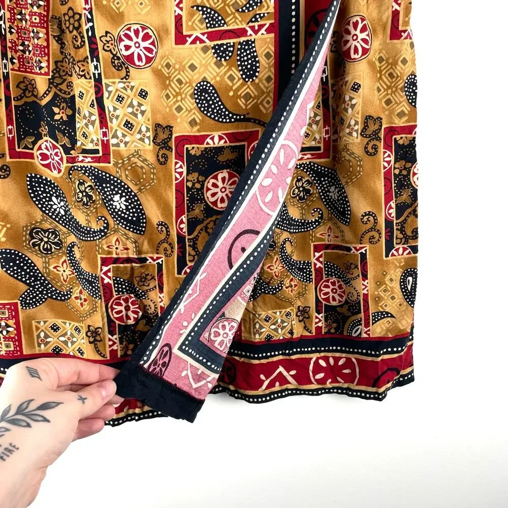 90s Vintage Requirements Skirt PM Tan Red Wrap Front Mini Paisley Western Boho